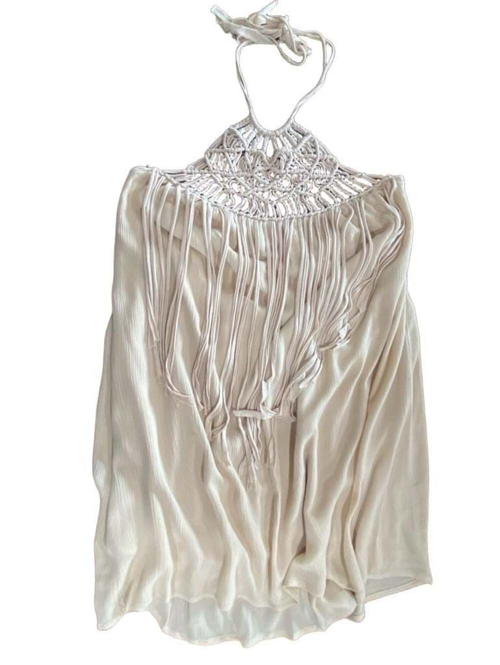 Mono B Boho Chic Beige Macrame Halter Top with Fringe large